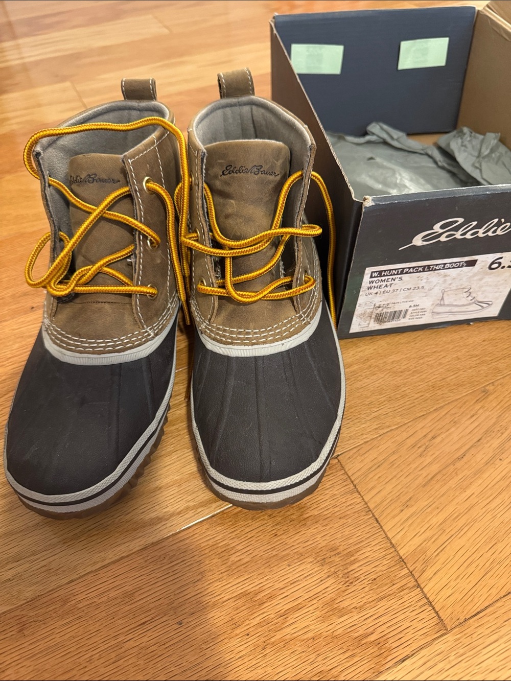 Eddie Bauer Brown and Black Duck Boots with Yellow Laces